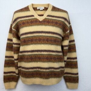 Vintage BKLE Ladies L Wool Acrylic Striped V-Neck Sweater Made in USA tan brown